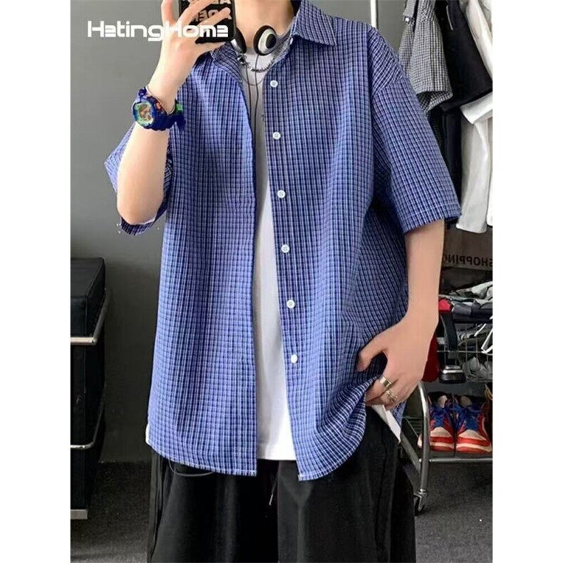 美式复古细格子短袖衬衫男女休闲宽松百搭cityboy蓝色衬衣CS44,男装T恤,星座1116A（原606A-3）