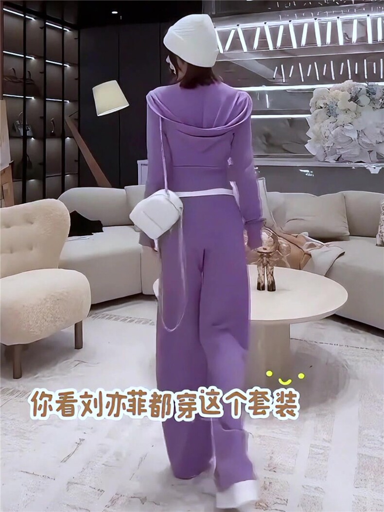 休闲时尚减龄套装女春季新款宽松显瘦纯色连帽卫衣阔腿长裤两件套,女装套装/套裙,江南