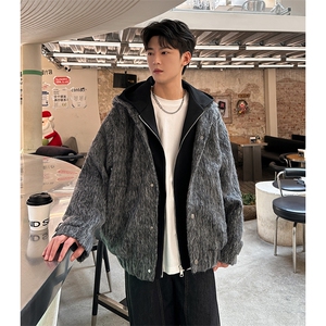 纯色假两件休闲毛呢拉链连帽夹克男外套 A071-5018-P128图片