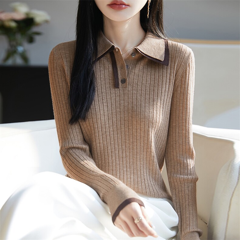 拼色POLO领100%纯羊毛衫女坑条长袖针织衫毛衣宽松羊绒衫打底上衣,女装羊毛衫,朝思羊绒