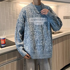 日系复古字母慵懒风毛衣男秋冬季宽松保暖套头针织上衣MZ620-P70，男装针织衫/毛衣，星座412-3