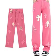 重工拼皮十字架牛仔裤女设计感小众多巴胺直筒长裤子AM933P62，男装皮裤，星座1013-5