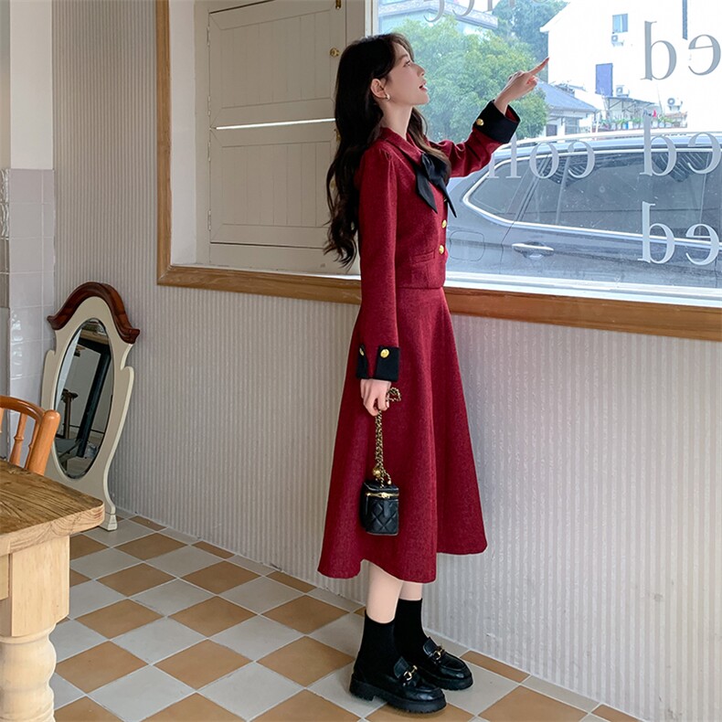 法式红色小香风套装裙女2025春秋新款气质女神范上衣半身裙两件套,女装套装/套裙,唛多