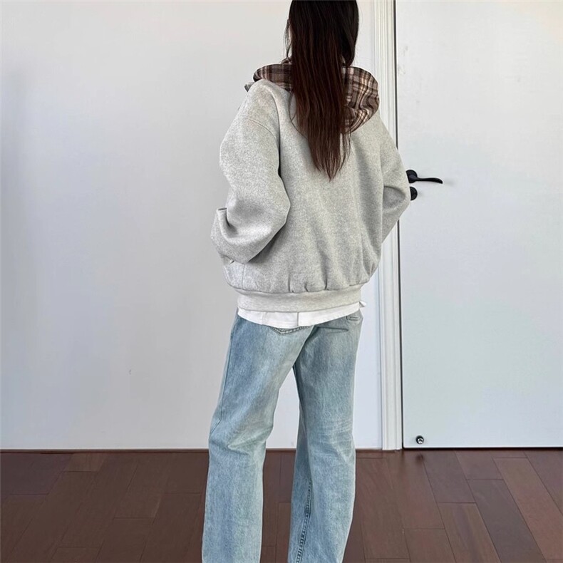 美式秋冬季2025假两件格子连帽棉服男女同款复古街头拉链上衣外套,男装棉衣,星座1210-1