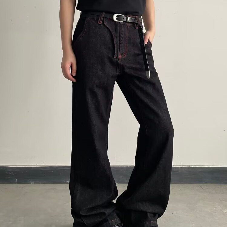 美式复古黑色阔腿牛仔裤男cleanfit高街痞帅微喇裤子网S6068-P45，男装牛仔裤，星座1001-1