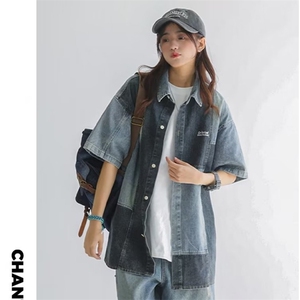 ins宽松型五分袖简约衬衫气质百搭原宿时尚潮流新款翻领文艺女图片