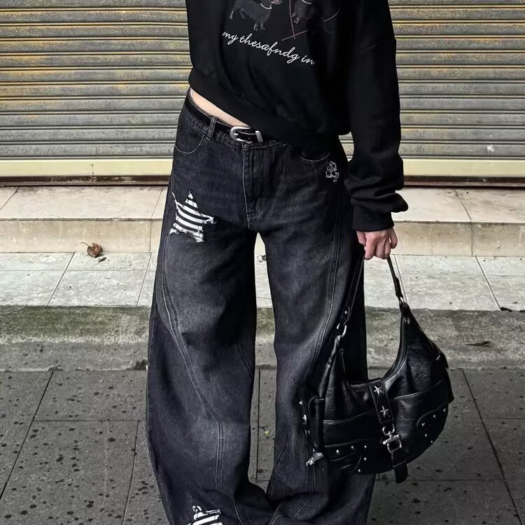 高个子加长甜酷辣妹星星贴布牛仔裤女侧边拉链设计直筒阔腿裤图片
