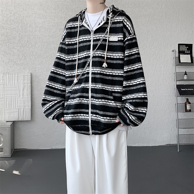 8XL-M潮情侣美式磨毛编织条纹针织衫卫衣宽松拉链外套WY30P88，男装针织衫/毛衣，电商D206-1