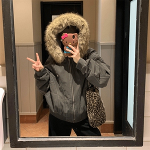 现货重磅boxy短款棉衣座山雕大毛毛领男女棉服水洗工装厚外套图片