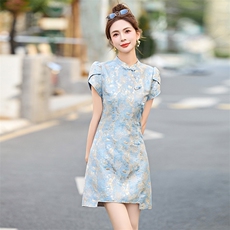 新中式国风改良旗袍连衣裙女2025夏新款收腰修身复古盘扣提花裙子，女装连衣裙，歌伊格美