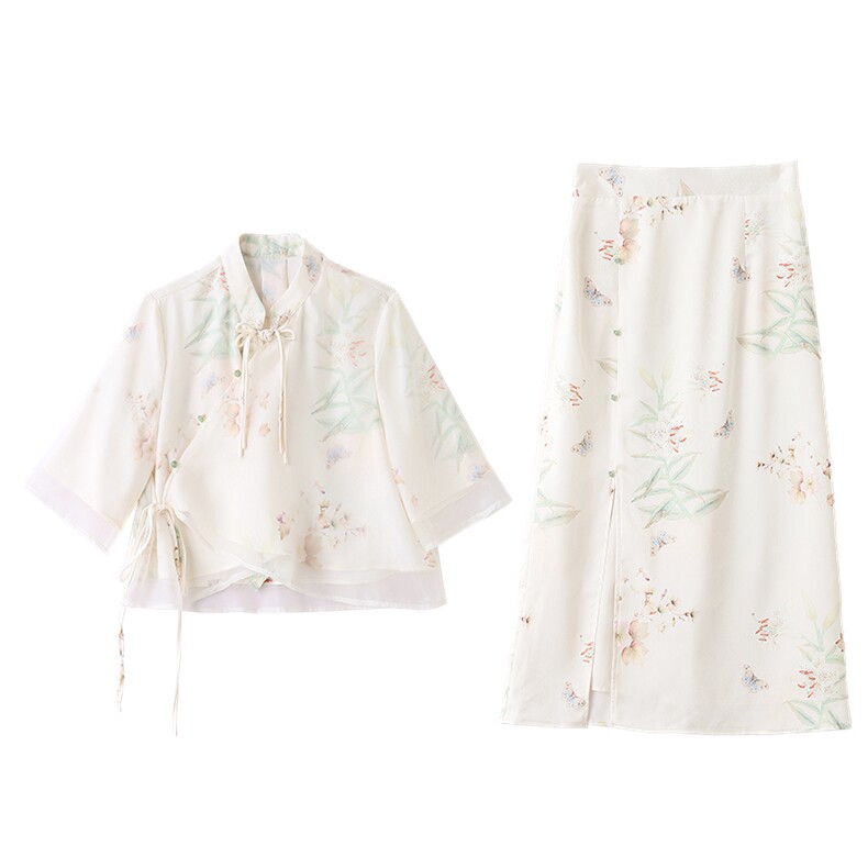新中式改良旗袍套装女2025夏新款轻奢禅意年轻款汉服碎花两件套裙,女装套装/套裙,众宇琦