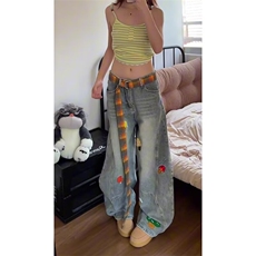 大码胖mm韩版复古直筒牛仔裤女新款破洞裤子小熊刺绣设计阔腿长裤，男装牛仔裤，星座1210-1
