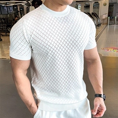 美式健身短袖纯色T恤衫宽松圆领针织上衣菱格显瘦上衣3007/P50特，男装T恤，电商A243