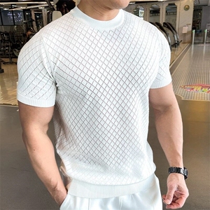 美式健身短袖纯色T恤衫宽松圆领针织上衣菱格显瘦上衣3007/P50特图片