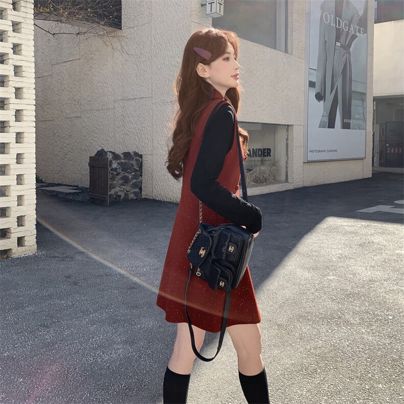 现货韩系高级感红呢料马甲+针织打底套装女2026春装新款两件套裙,女装套装/套裙,涵墨