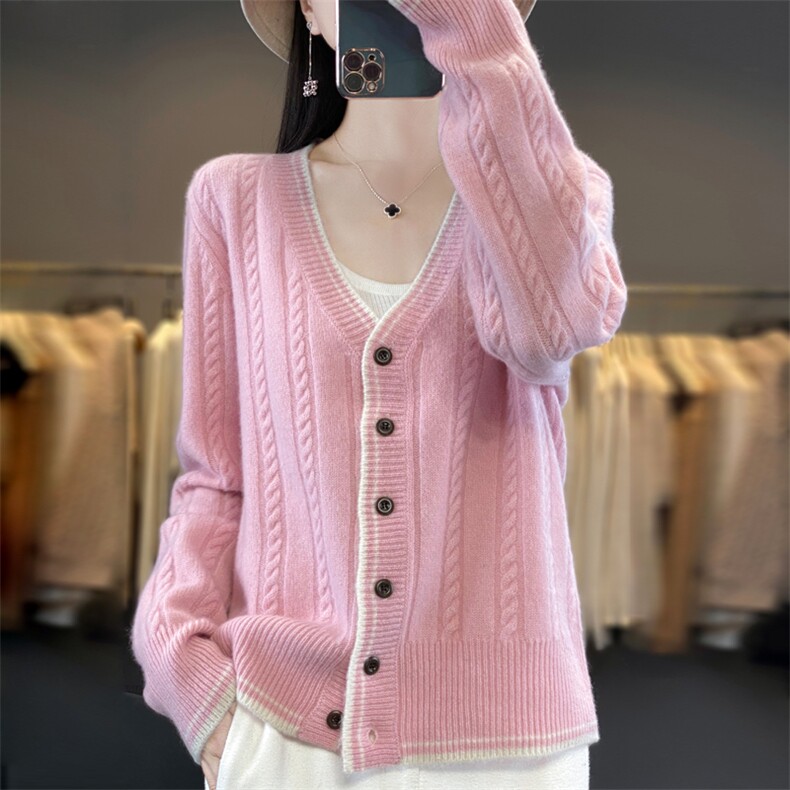 2024秋季新款单排扣V领长袖短款开衫休闲百搭，女装羊毛衫，端硕羊绒