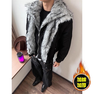 现货高品质美式高街重磅狼王座山雕毛毛领假两件棉衣加厚棉服外套,黑色短装羊绒外套怎么搭配图片图片