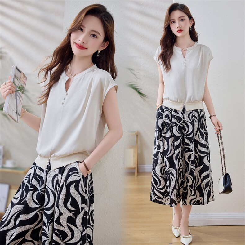 中年妈妈大码冰丝小衫阔腿裤套装女夏季时尚减龄漂亮巨好看两件套，女装套装/套裙，魅衣本色