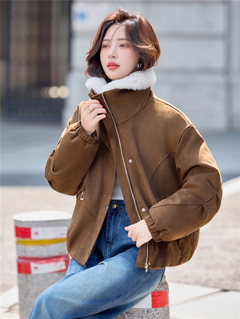 羊羔毛翻领夹棉加厚鹿皮绒外套女2025冬季新款休闲宽松超好看棉衣,女装短外套,印象茜