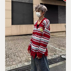 秋冬季新款美式复古条纹破坏感针织衫男女宽松休闲情侣开衫毛衣潮，男装针织衫/毛衣，星座516A