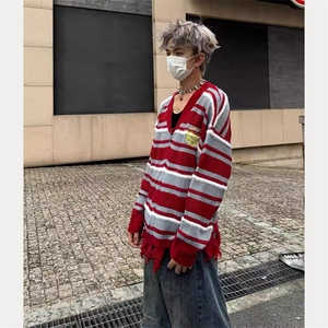 秋冬季新款美式复古条纹破坏感针织衫男女宽松休闲情侣开衫毛衣潮图片
