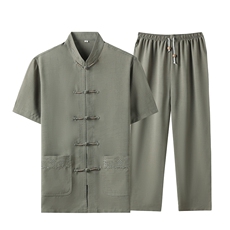 中老年棉麻套装高档唐装太极服中式刺绣立领短袖风时尚男夏装，男装中老年男装，钱塘723