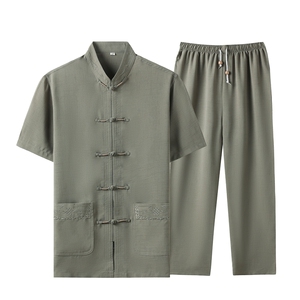 中老年棉麻套装高档唐装太极服中式刺绣立领短袖风时尚男夏装图片