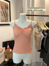 2025夏季新款美式纯欲木耳边性感纯欲吊带带胸垫美背背心上衣，女装背心吊带，梦白服饰厂