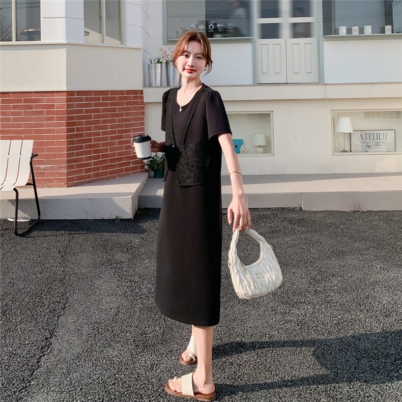 韩版简约休闲宽松短袖连衣裙女2025夏显瘦百搭气质拼接直筒中长裙,女装连衣裙,浙宝208