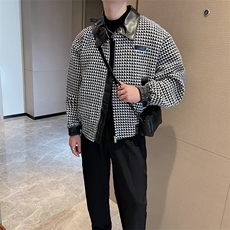 A100-P68千鸟格外套秋冬痞帅短款拼皮夹克，男装夹克，电商B323A