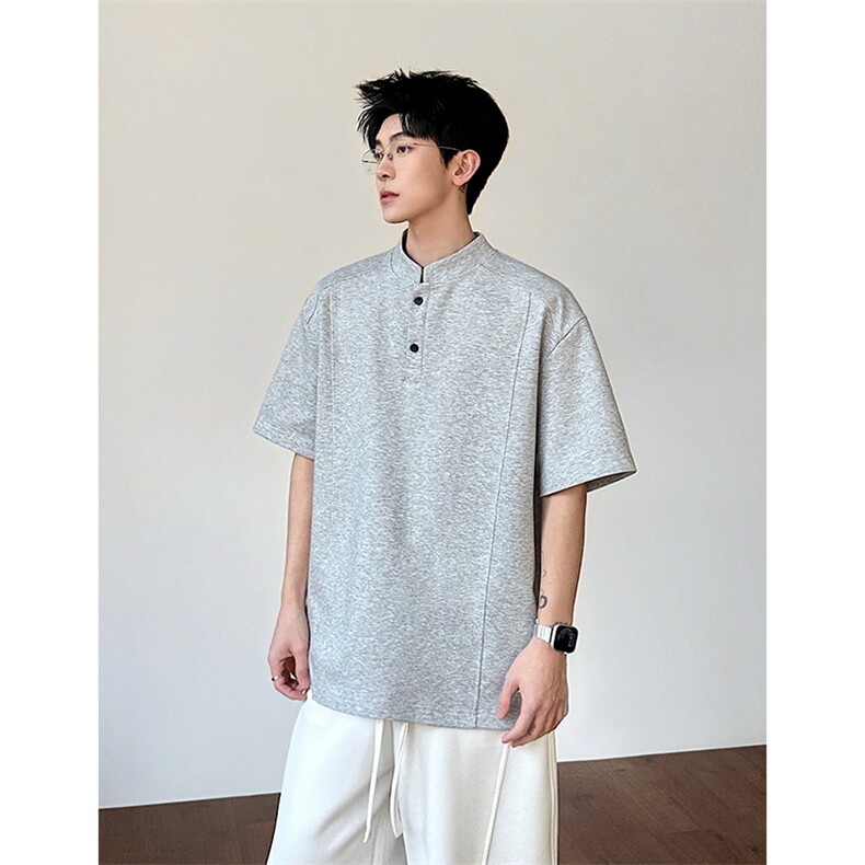 2026夏季新款拼接短袖T恤复古正肩亨利领男女X64117-TP15不,男装T恤,电商A102