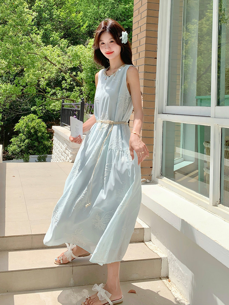 高级感度假风刺绣无袖连衣裙女2025夏新款法式漂亮绝美仙女背心裙,女装连衣裙,浙宝285（原212）