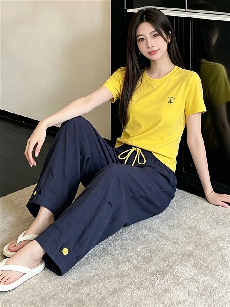 女夏季新款韩版时尚休闲套装修身圆领黄色短袖上衣阔腿长裤两件套,女装套装/套裙,江南