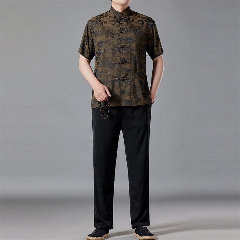 风高品质山水画提花唐装男装夏季透气中式汉服爸爸套装,男装休闲套装,钱塘6003（原4033）