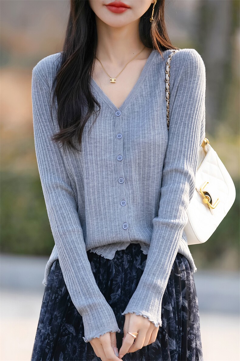 春秋精纺羊毛开衫女V领坑条木耳边针织长袖毛衣宽松休闲外套上衣,针织衫/毛衣,佳绒包芯纱店