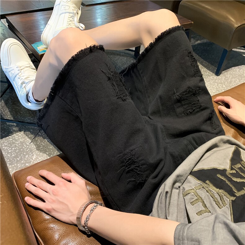 爆长裤改短裤高街补丁毛边牛仔松紧腰五分裤XZ603-K324-P50控68，男装牛仔裤，星座603