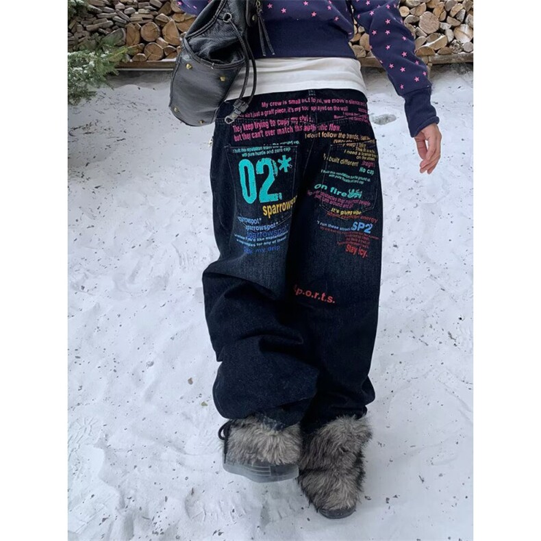 网络图现货美式复古彩色字母标语阔腿街头拖地牛仔裤JN9048-P55，男装牛仔裤，星座715-7