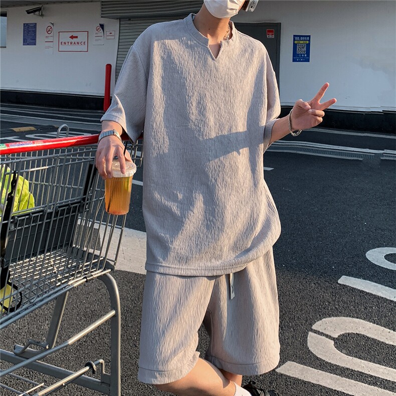 2026夏V领短袖冰丝T恤套装大码男纹理提花半袖TZ5677/特P45灰2,男装T恤,电商A094