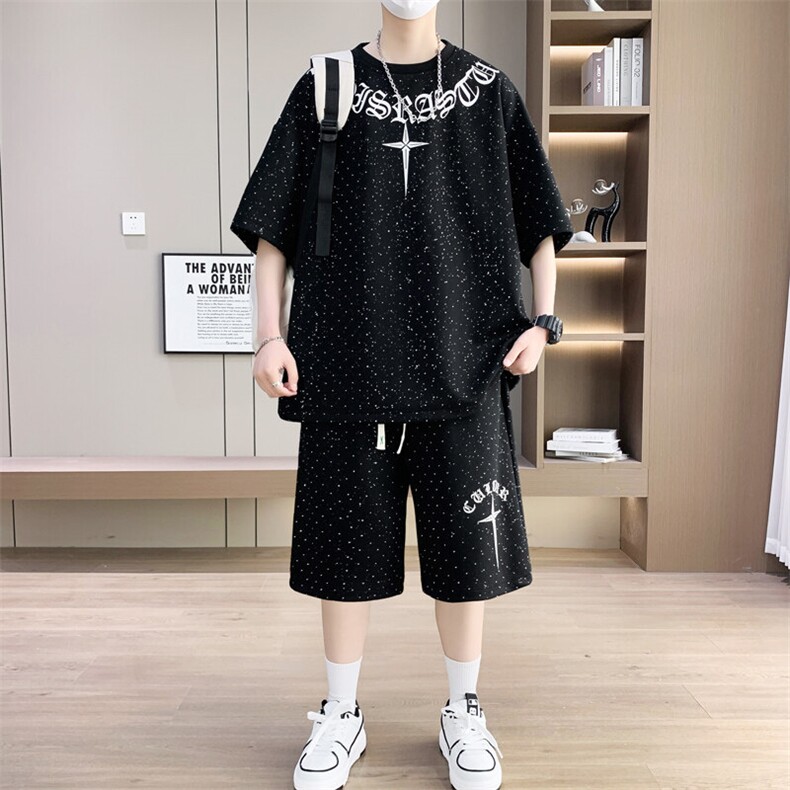 港风套装男宽松菠萝格满天星短袖T恤短裤痞帅套装TZ6626-P50,男装休闲套装,星座310B-3