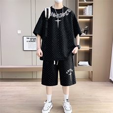 港风套装男宽松菠萝格满天星短袖T恤短裤痞帅套装TZ6626-P50，男装休闲套装，星座310B-3