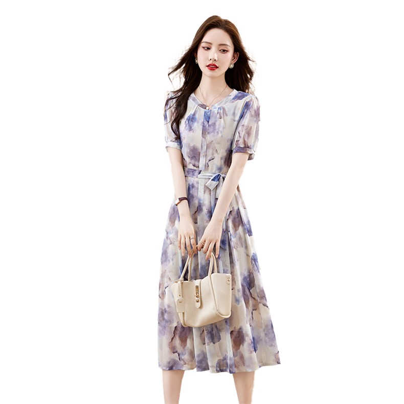 【新品】吾爱衣2421款印花连衣裙女圆领夏季系带气质妈妈裙子,女装连衣裙,吾爱衣