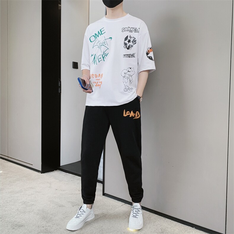 2023夏季新款潮流韩版宽松休闲T恤套装青少年时尚男装F306P68，男装休闲套装，电商A086