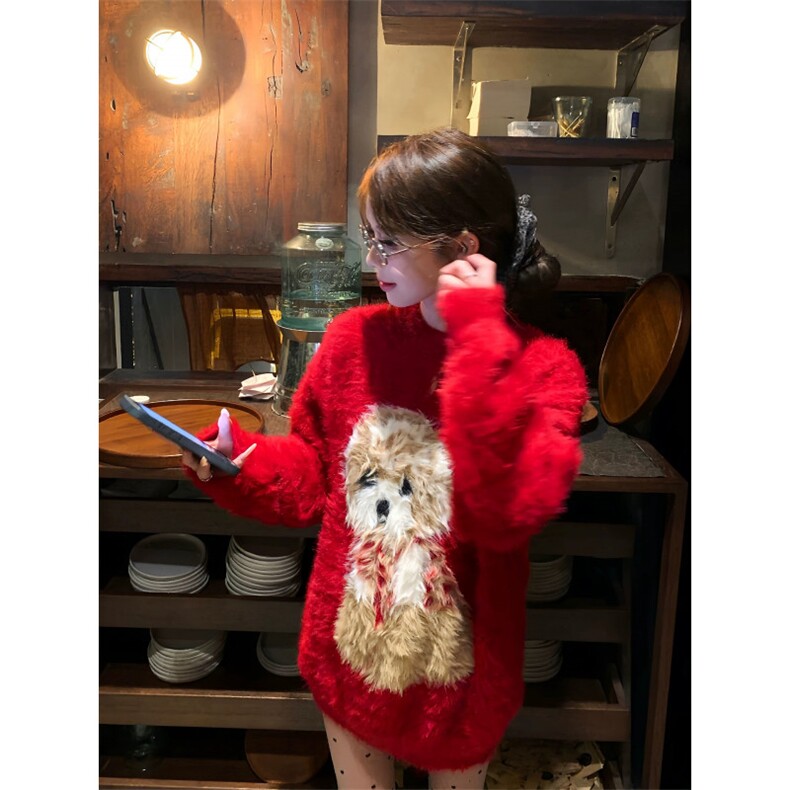 红色圣诞小狗软糯马海毛毛衣女秋冬慵懒风新年针织衫MY03985-P58,男装针织衫/毛衣,星座308B-2