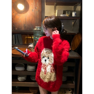 红色圣诞小狗软糯马海毛毛衣女秋冬慵懒风新年针织衫MY03985-P58图片
