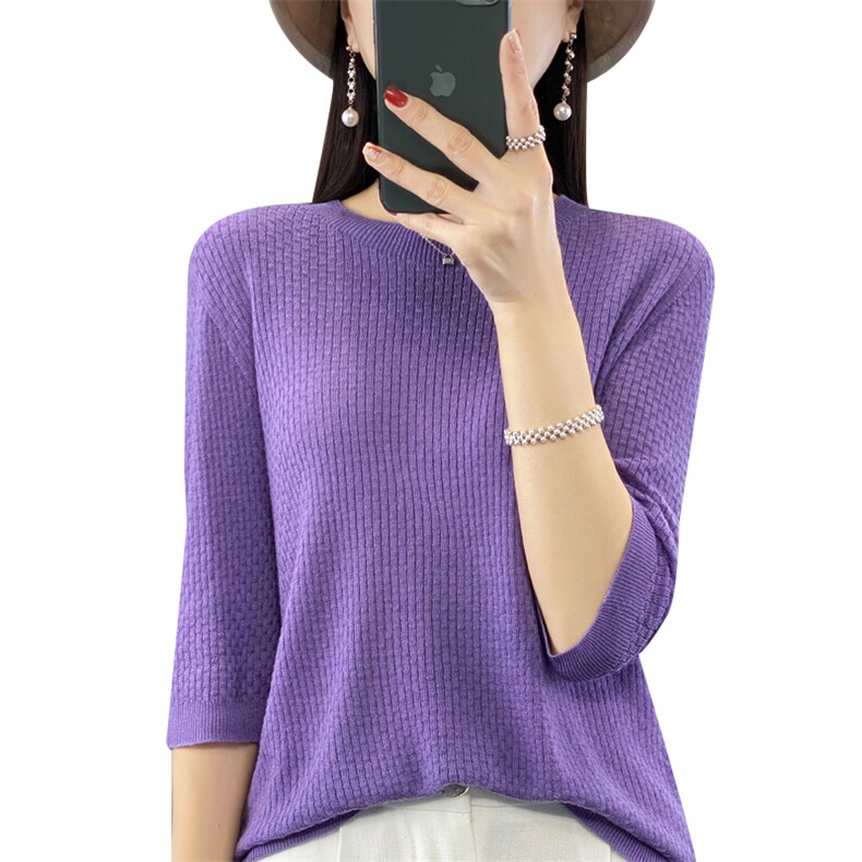 2024夏季新款曲珠冰丝华夫格撞色短袖宽松百搭半袖女背心针织T恤,针织衫/毛衣,大美人高端店