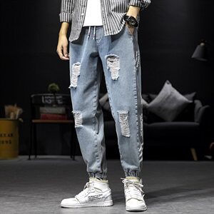2021春秋季新日系男大码束脚印花撞色拼接九分破洞牛仔裤N8105-P50图片