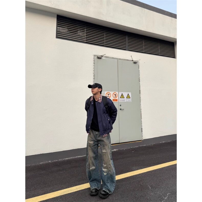乌泥酱格子拼接假两件翻领夹克休闲百搭外套潮牌JK451特P74,男装夹克,星座908-1