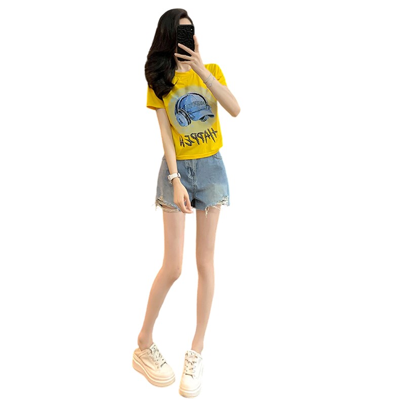女夏季新款韩版运动休闲套装卡通印花圆领短袖宽松牛仔短裤两件套,女装套装/套裙,江南
