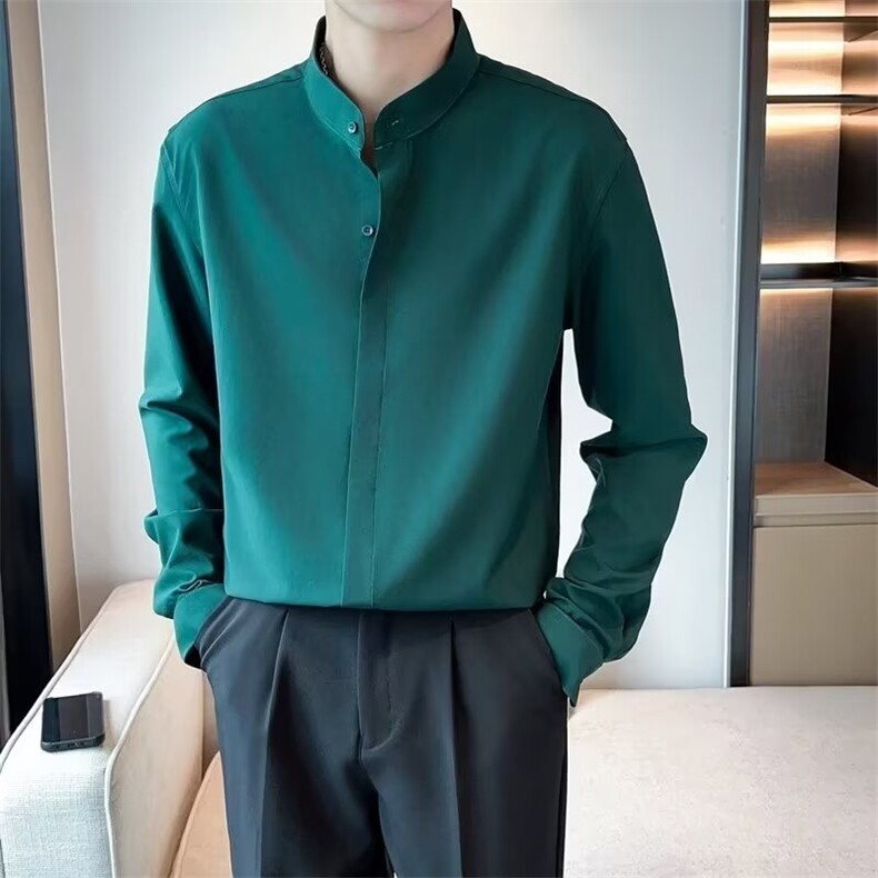 GS303P45立领长袖暗扣白色衬衣日系韩版新中式长袖衬衫外套,男装衬衫,星座1108-5