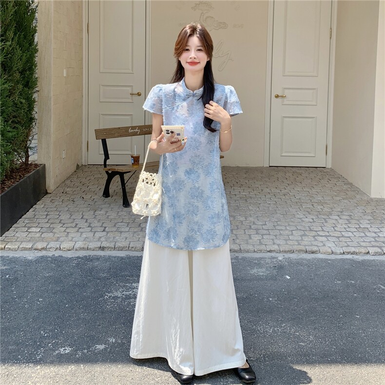 新中式国风气质蕾丝上衣阔腿裤套装女夏2025新款超好看两件套甜美,女装套装/套裙,2C135
